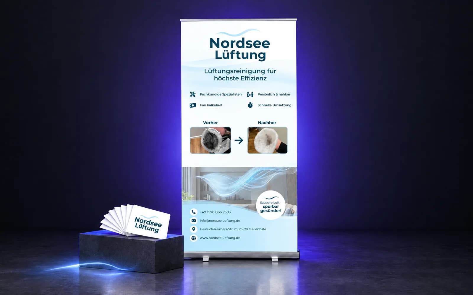 Nordseelüftung: Logo, Corporate Design, Website, Print und Porträts, dazu Telefonie und Netzwerk