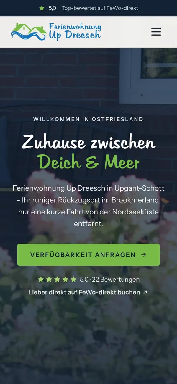 Ferienwohnung Up Dreesch — Website, Ansicht auf dem Telefon