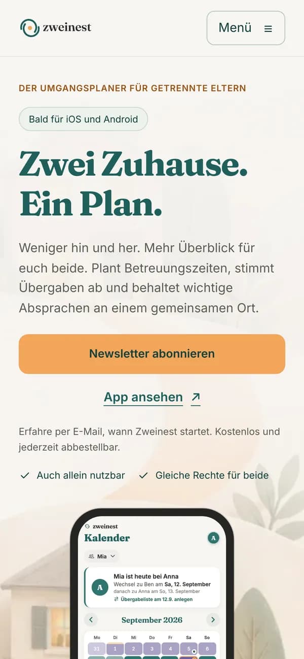 Zweinest — Website, Ansicht auf dem Telefon